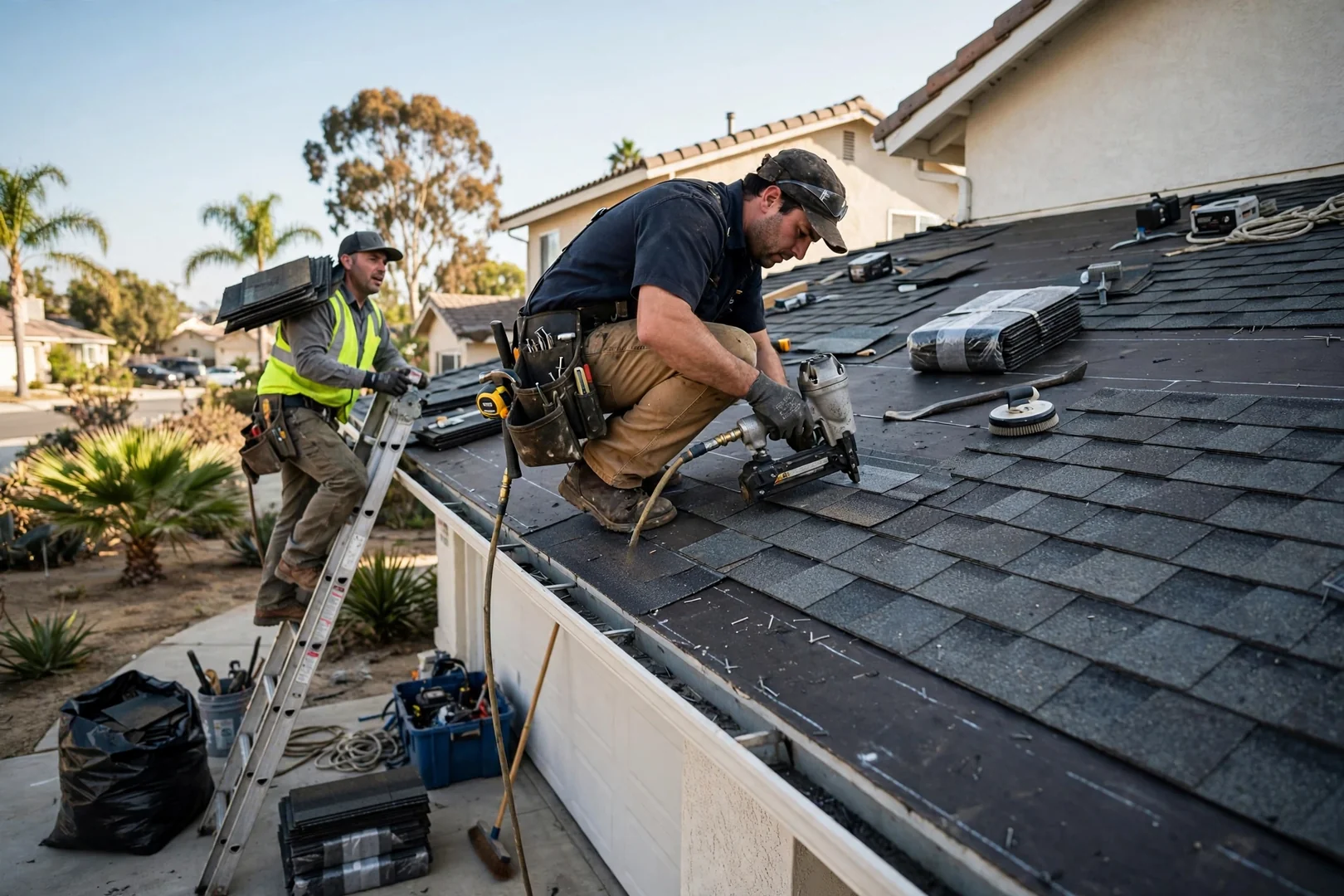 Roofing estimator measuring a flat commercial roof deck while pricing a Los Alamitos building
