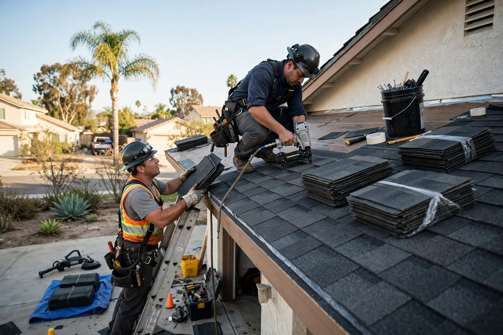 Roofing crew loading materials onto a flat commercial roof in Los Alamitos
