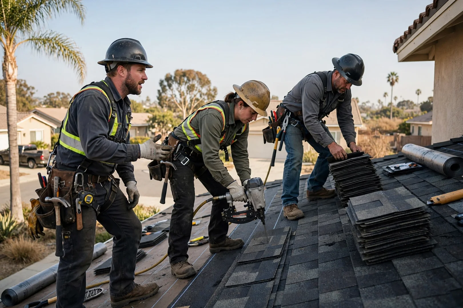 Roofing crew welding TPO membrane seams on a flat commercial roof in Los Alamitos