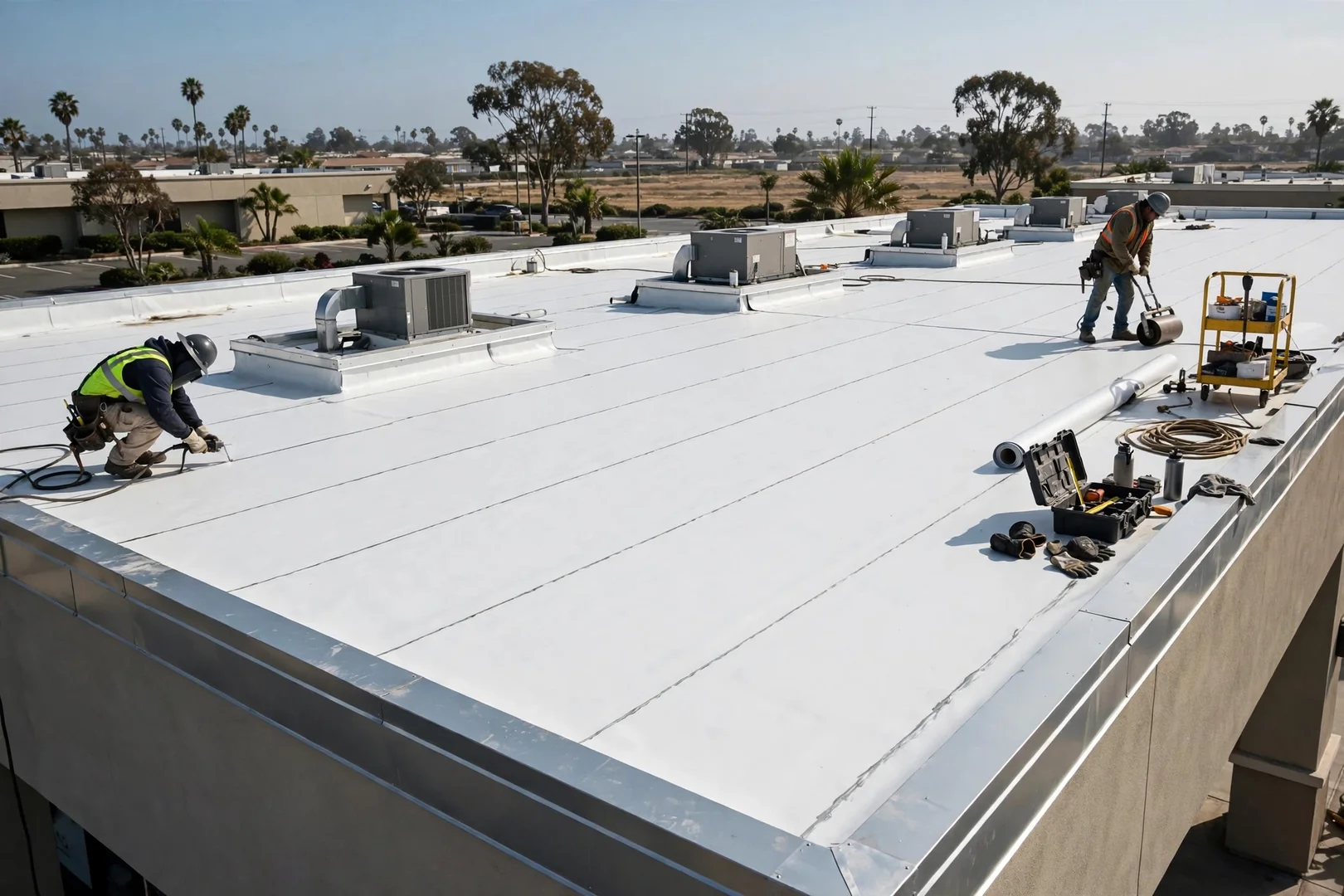 Finished white TPO membrane roof with welded seams on a Los Alamitos retail strip center