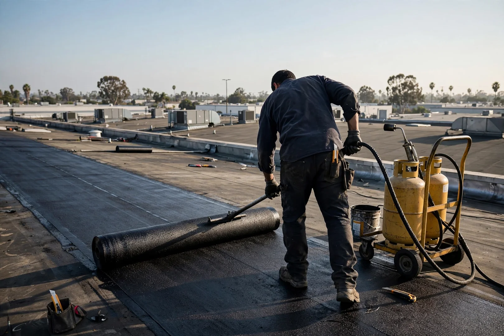 Roofer rolling granulated modified bitumen cap sheet across a large warehouse roof section