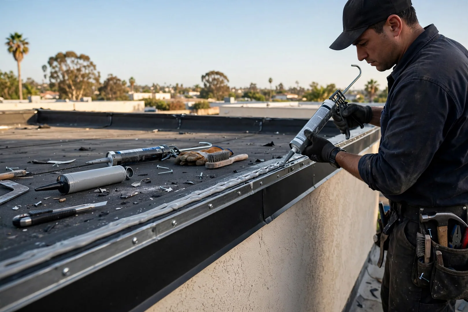Close-up of rebuilt parapet base flashing and termination bar on a low-slope office roof