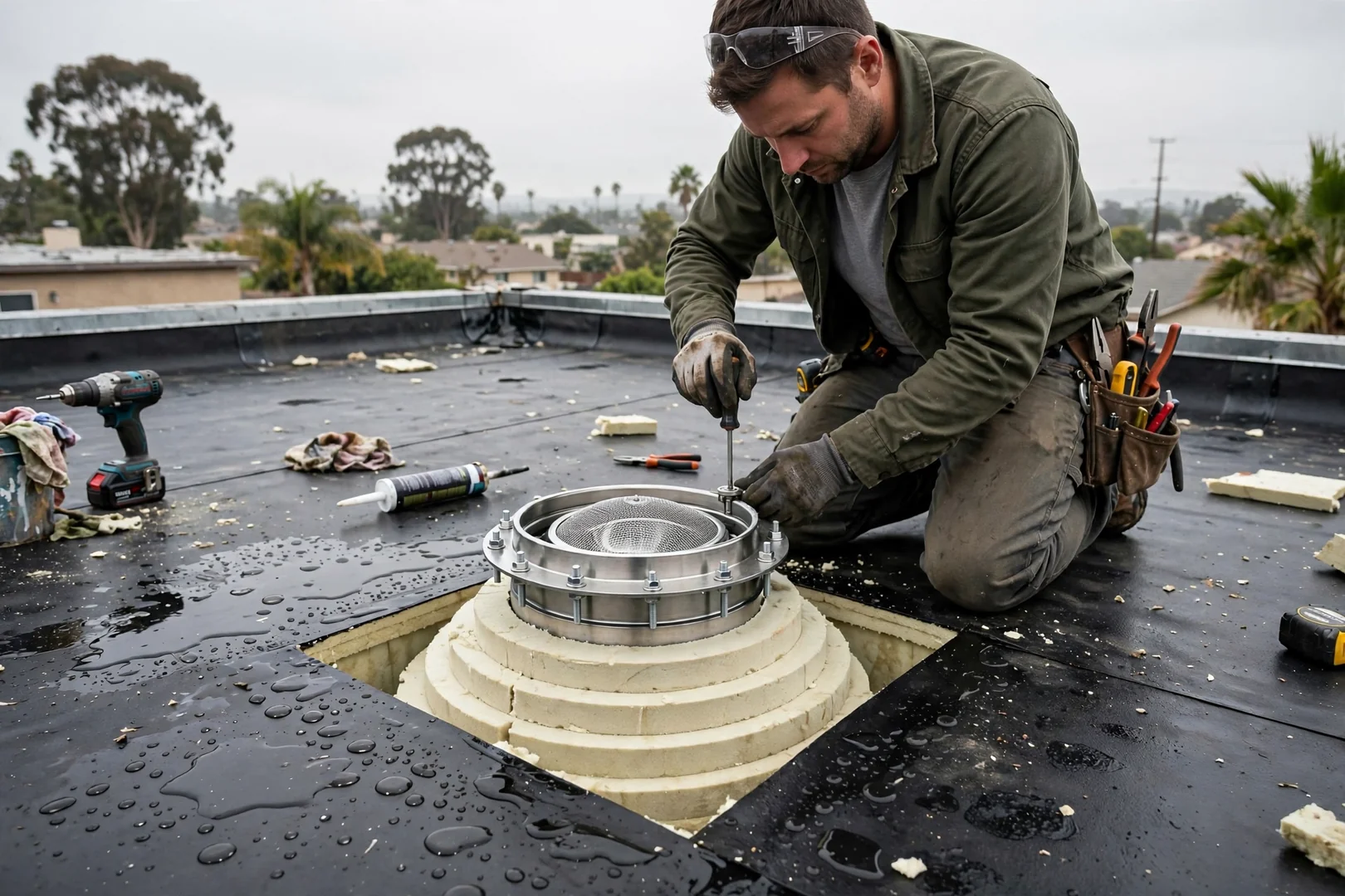 New roof drain strainer and clamping ring set in a tapered membrane sump area