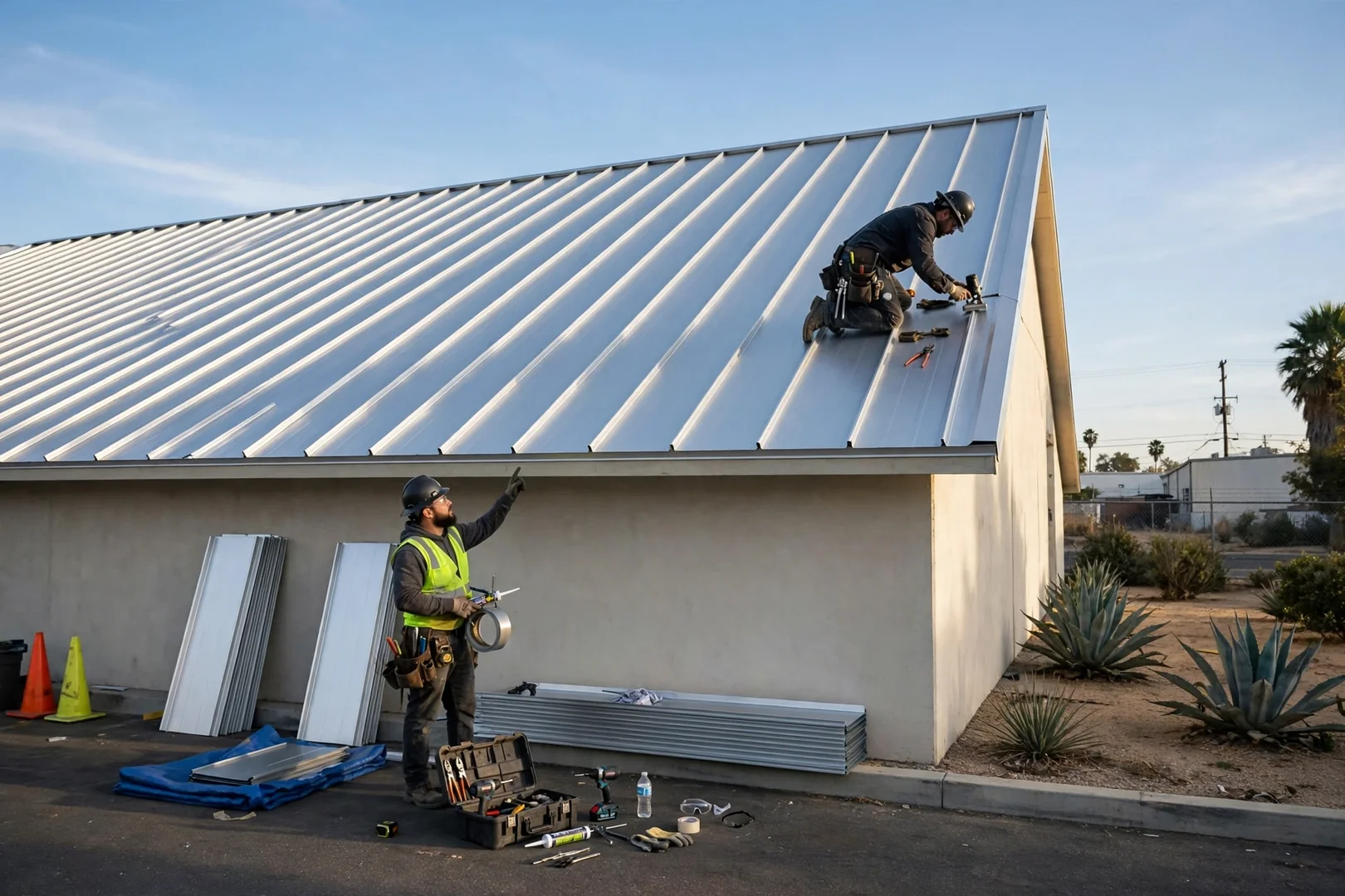 Finished standing seam metal roof panels running the length of an industrial building