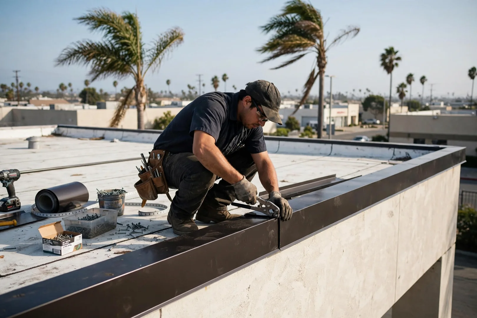 New fascia edge metal being fastened along the perimeter of a repaired flat roof