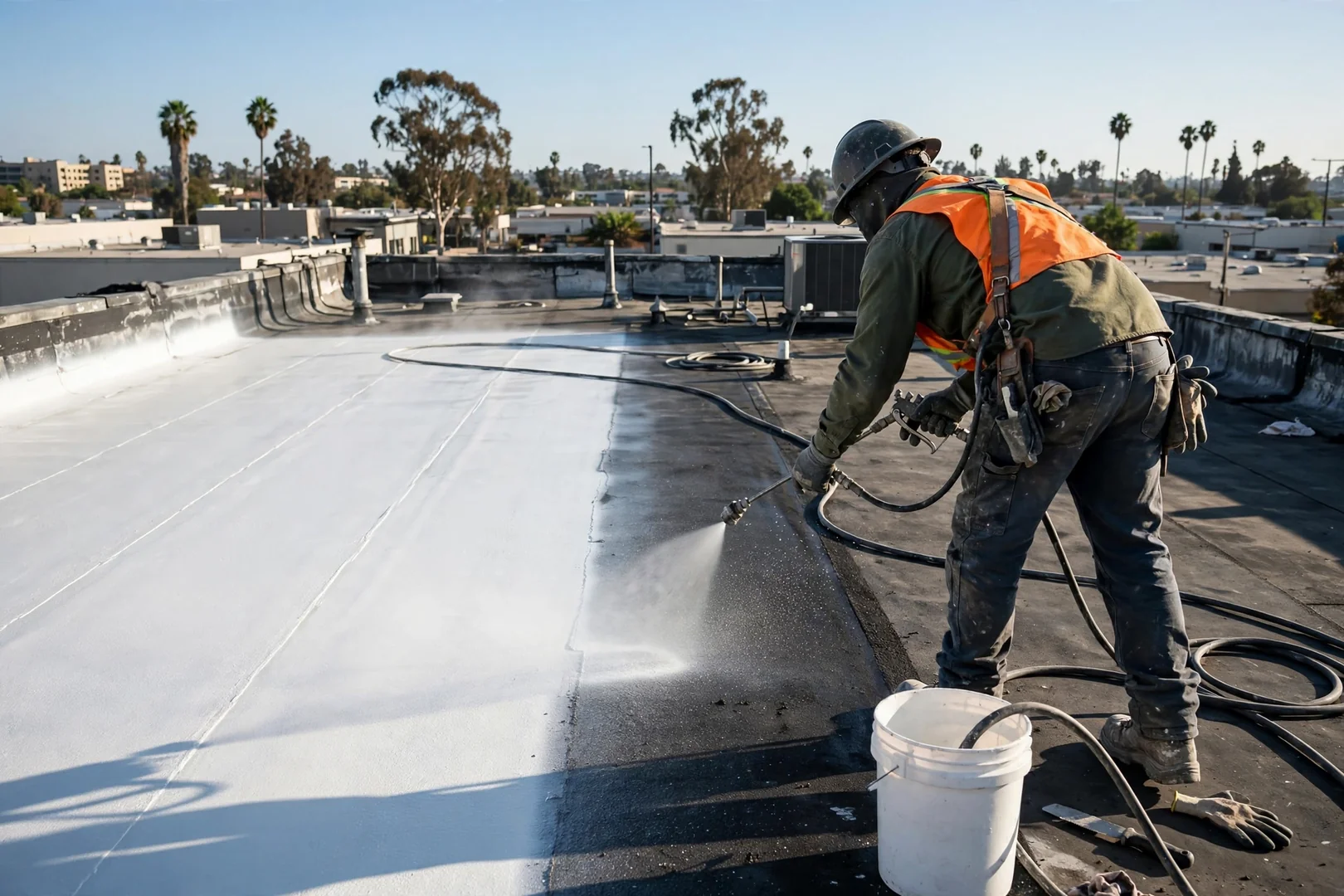 White silicone coating sprayed across half of a flat commercial roof showing contrast line