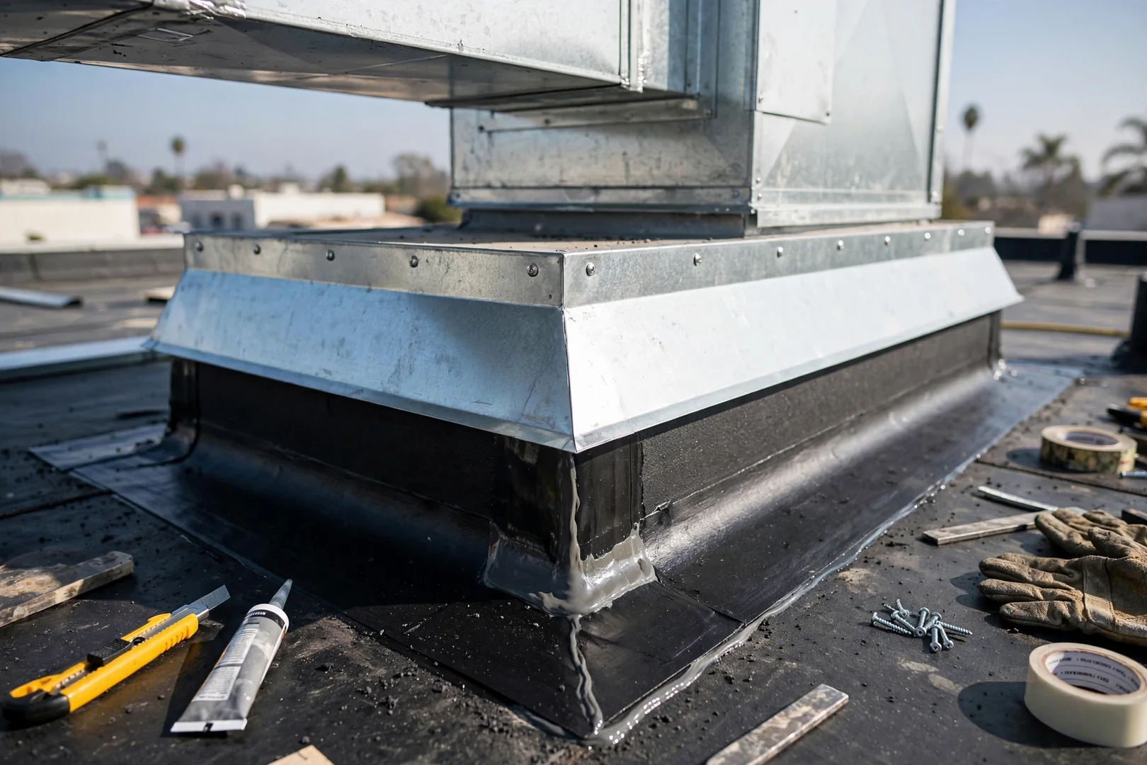 Rooftop unit curb with new membrane flashing and sealed sheet metal counterflashing installed