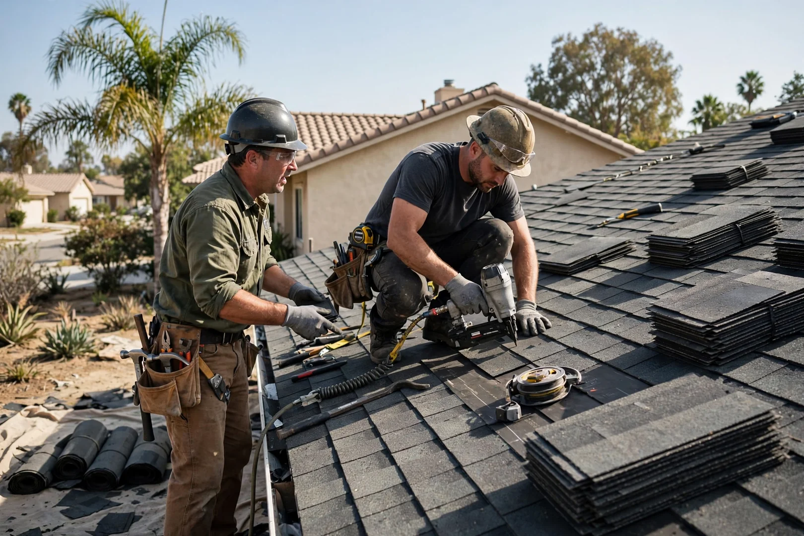 Roofer measuring fascia line for seamless gutter pricing on a Los Alamitos home