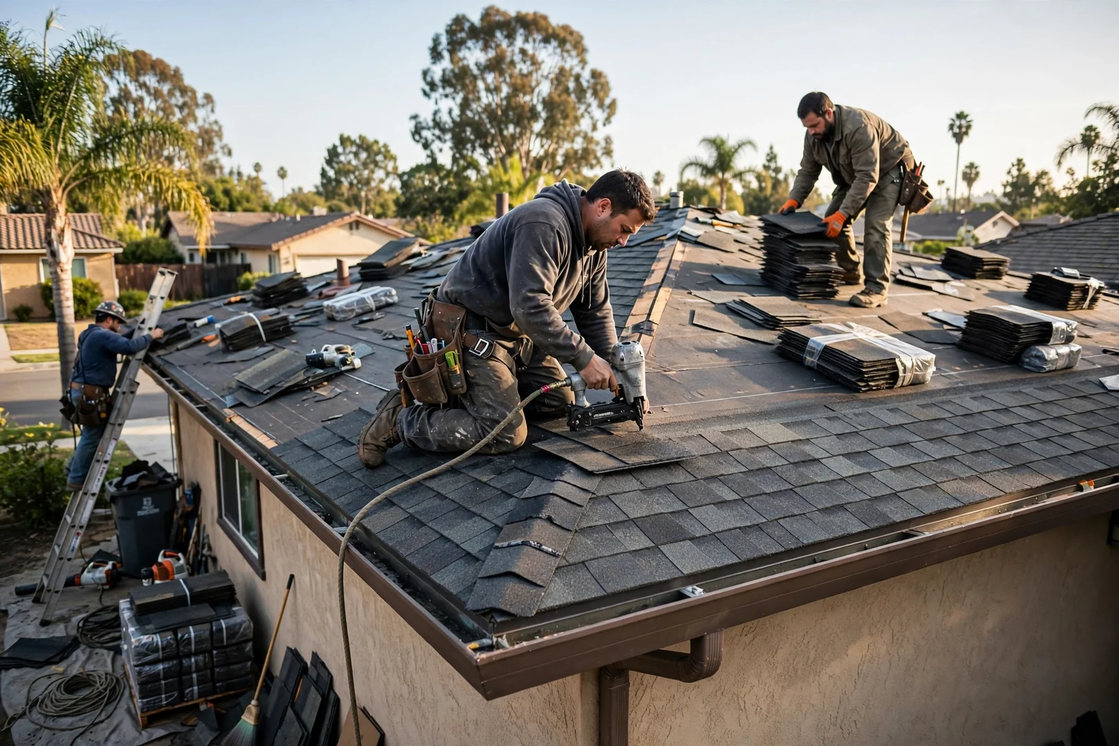 Roofer fastening seamless gutter section to fascia board on a Los Alamitos home