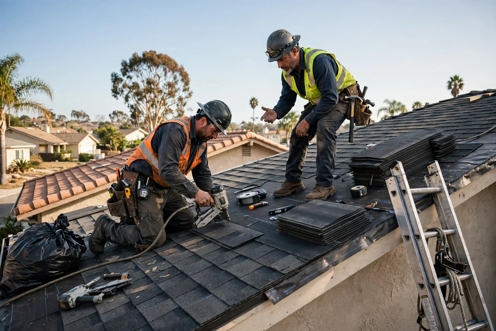 Roofer setting hidden hangers and seamless gutter run on a Los Alamitos home