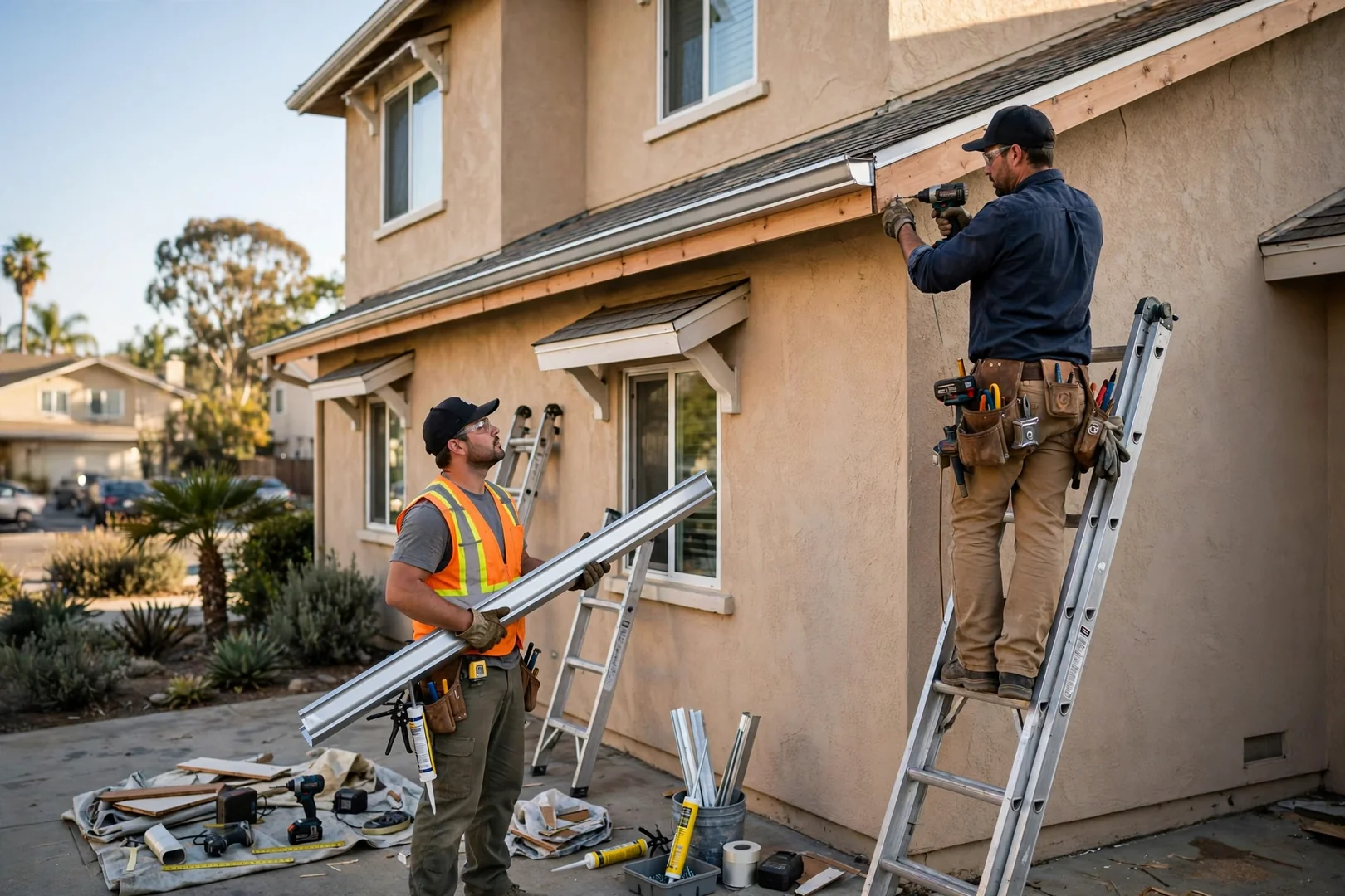 Replaced fascia board with fresh gutter section mounted on a two-story stucco house