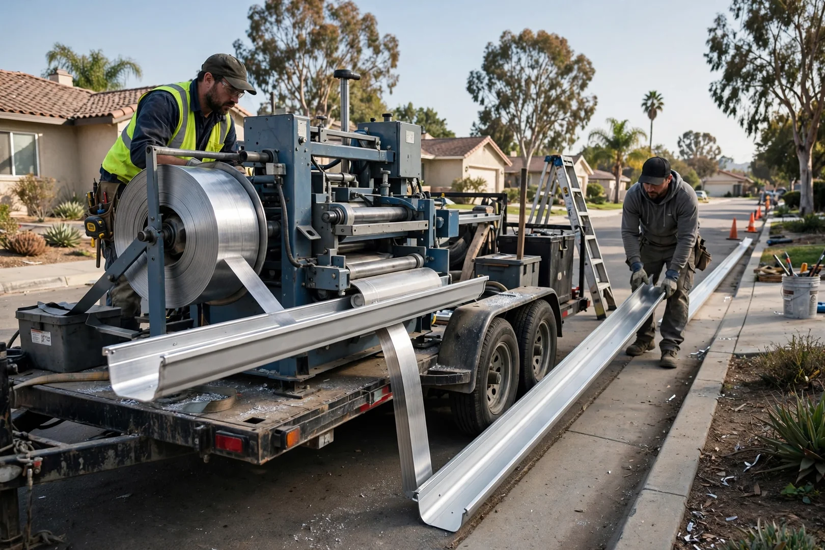 Gutter machine on a work trailer forming a long aluminum run at a job site