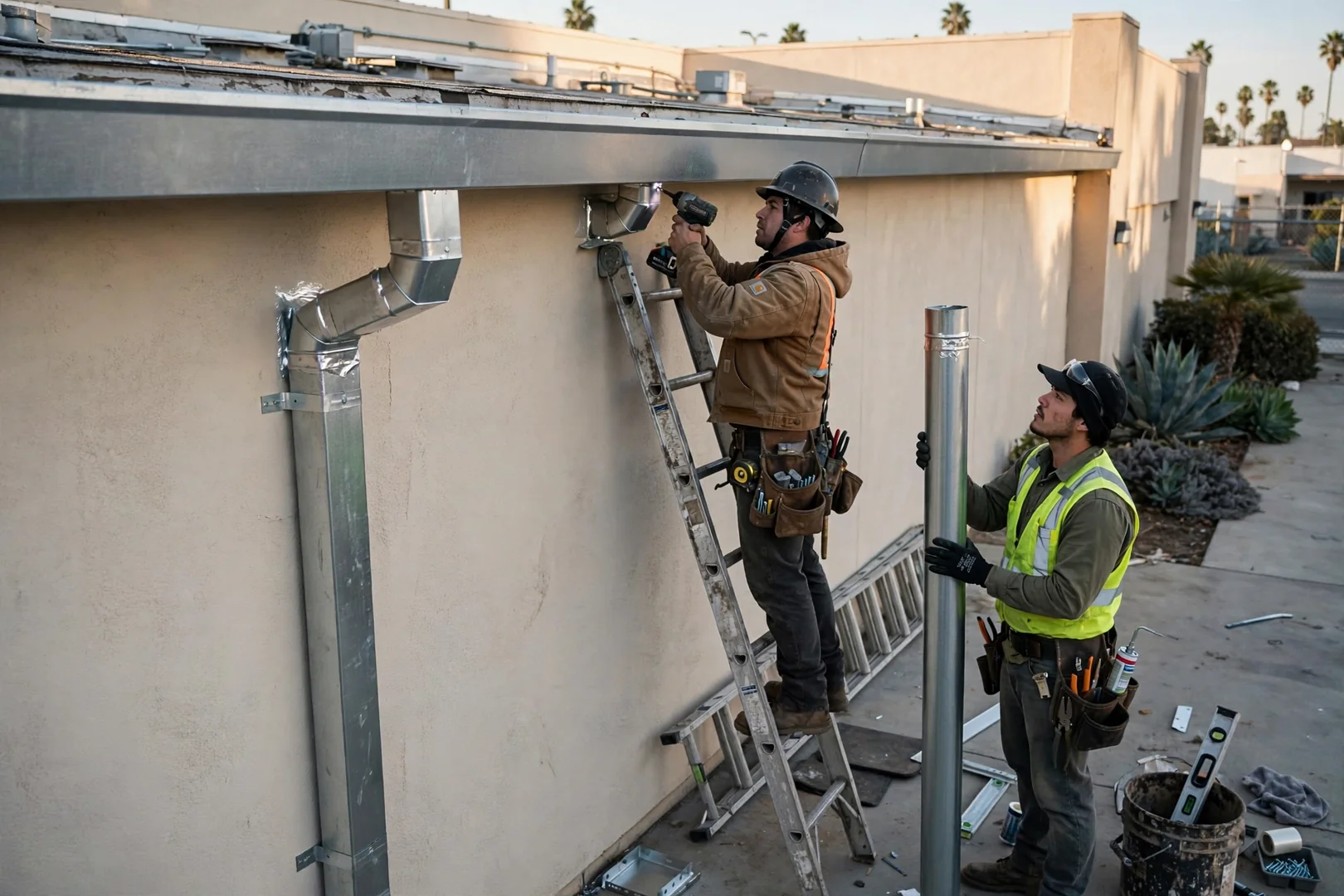 Large downspout and gutter system installed along a low-slope commercial building wall