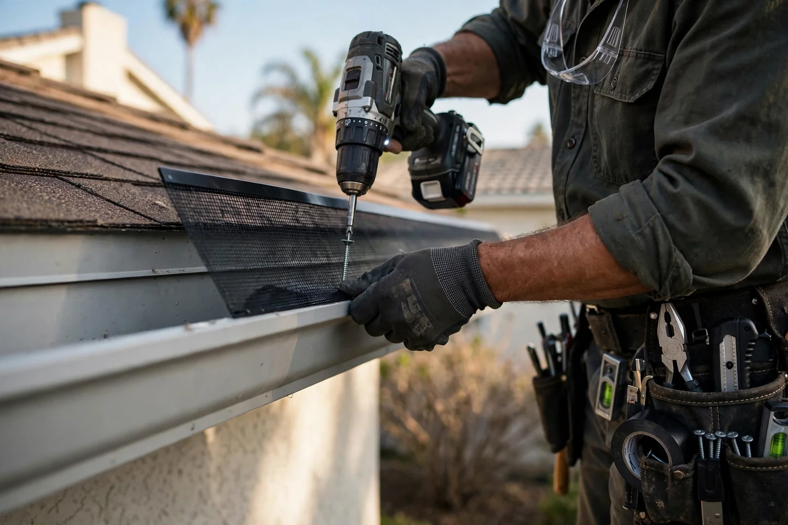 Close-up of leaf guard screening fitted over a clean K-style gutter section