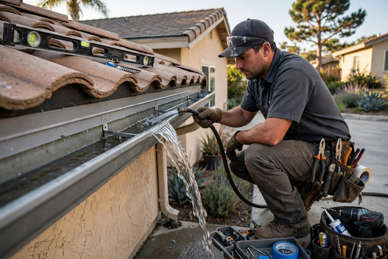 Water flowing through a corrected gutter slope during an on-site hose test