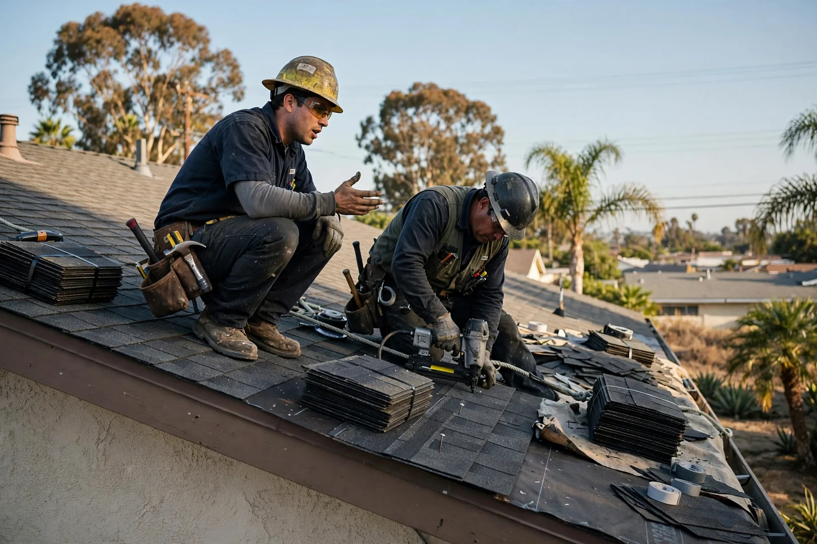 Roofer measuring standing seam panel layout on a Los Alamitos home roof during estimate
