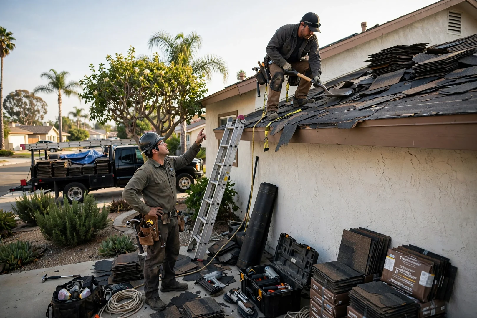 Roofing crew fastening standing seam metal panels on a Los Alamitos home roof