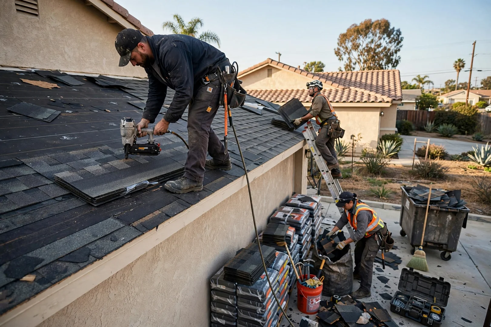 Roofing crew setting standing seam metal panels on a Los Alamitos home roof