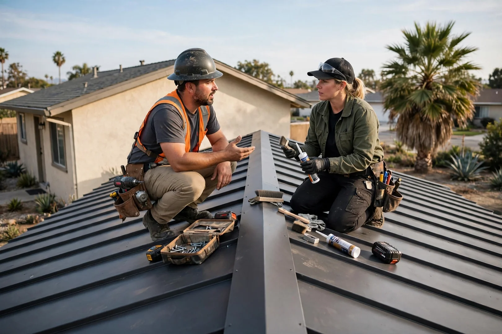 Finished standing seam metal roof with clean ridge line on a single-story Los Alamitos home