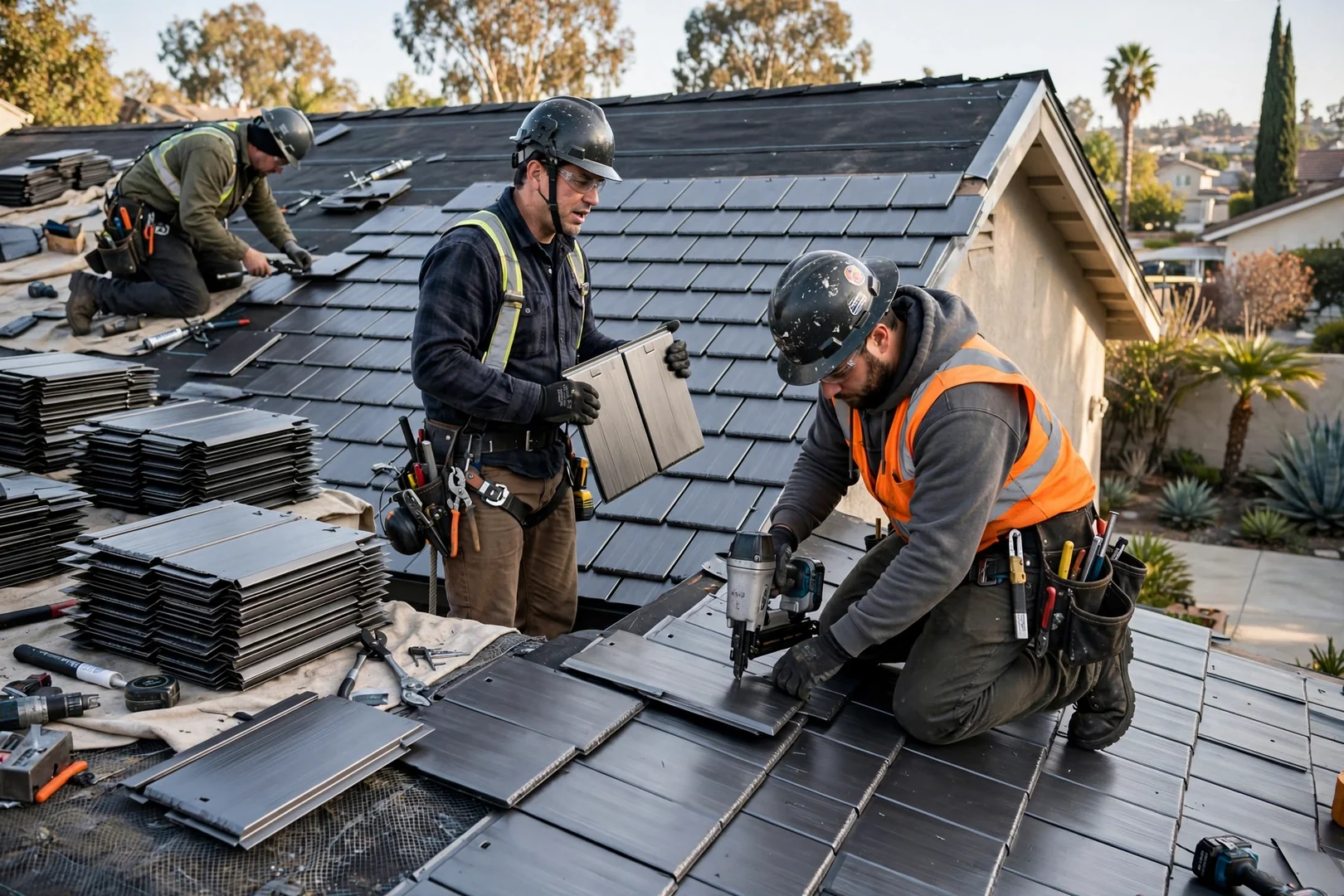 Interlocking metal shingle panels installed across a residential slope after full tear-off