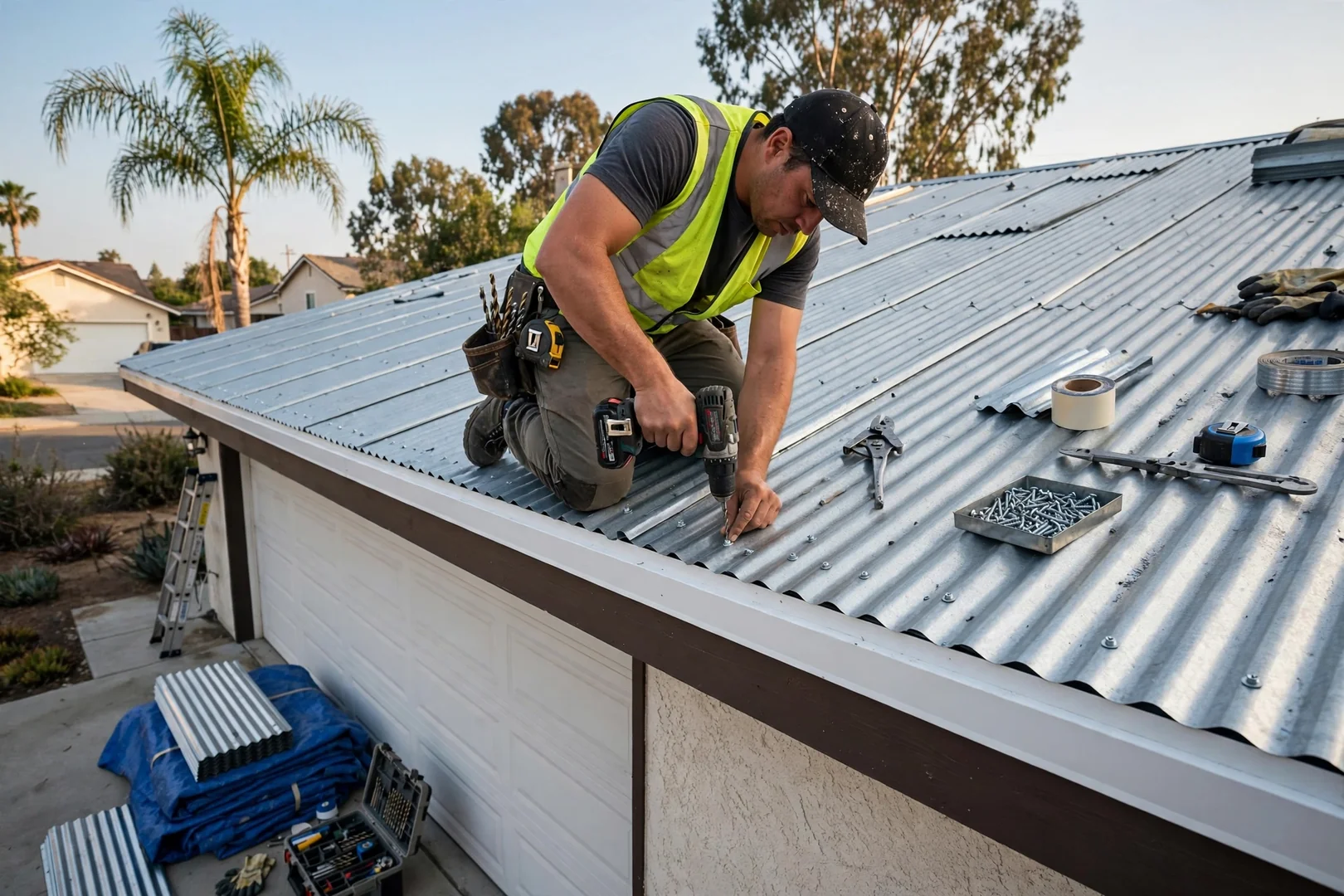 Corrugated metal panels fastened to a detached garage roof with new eave trim