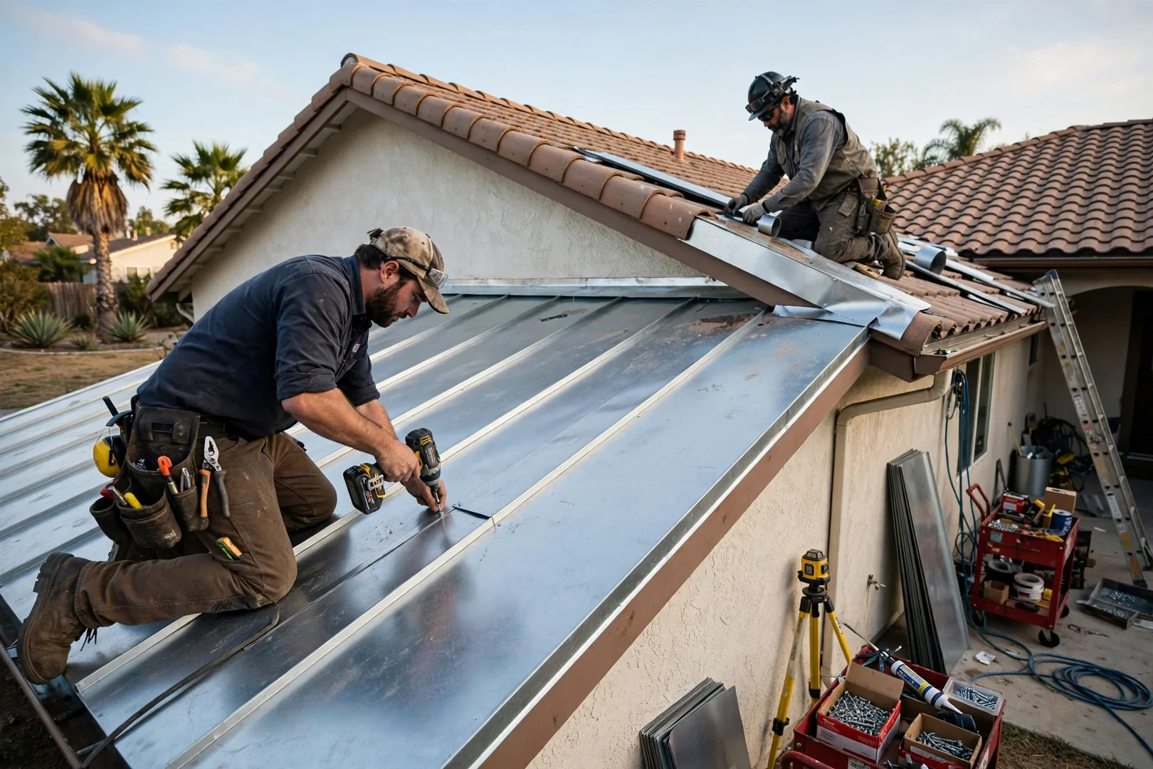 Low-slope rear addition covered with wide metal panels tied into the main roof