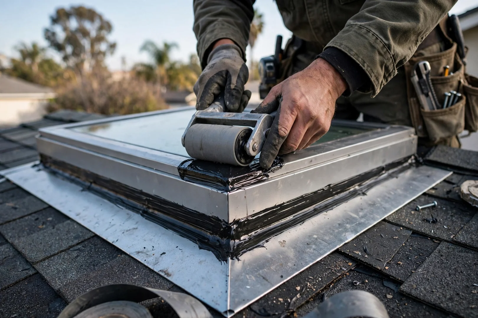 Close-up of new metal flashing and butyl sealed curb around a roof skylight