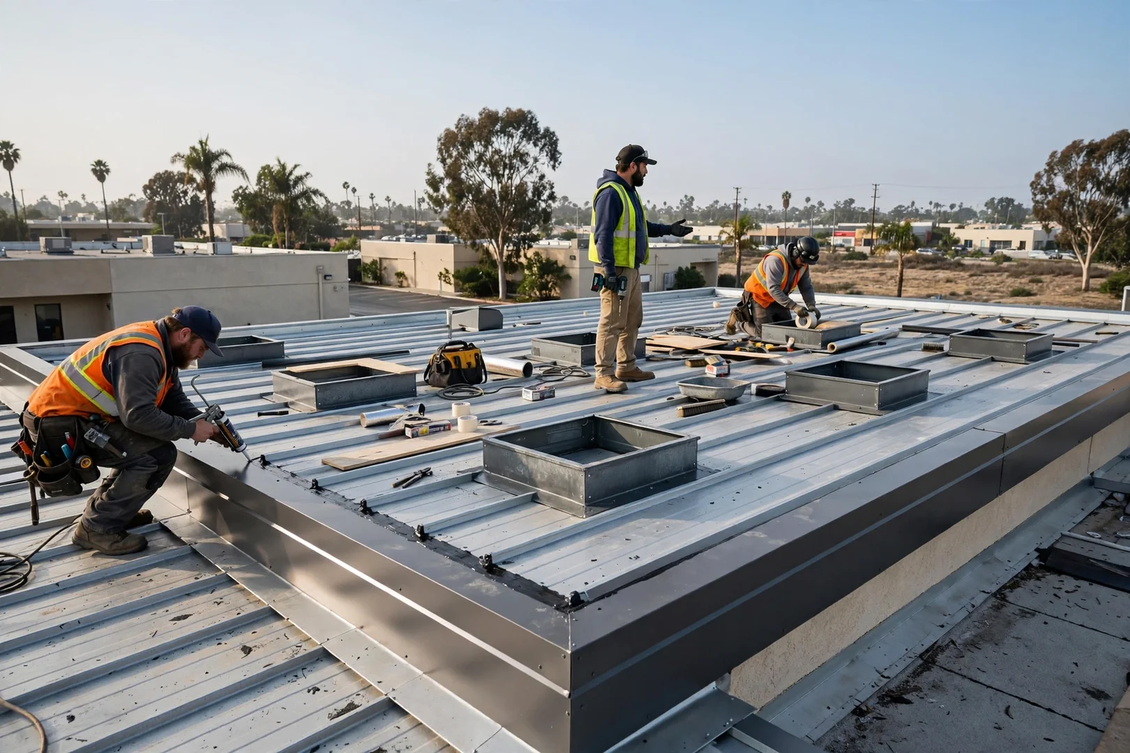 Wide view of a small commercial metal roof with mechanical curbs and finished trim