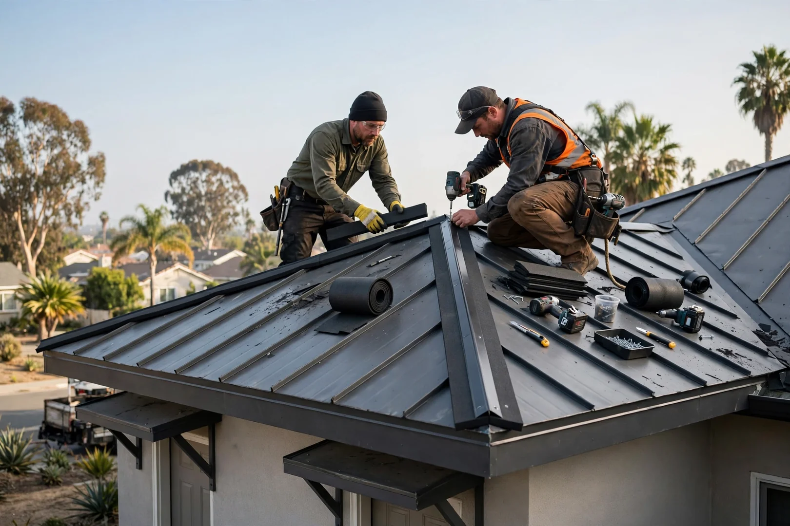 Ridge vent and closure strips installed along the peak of a duplex metal roof