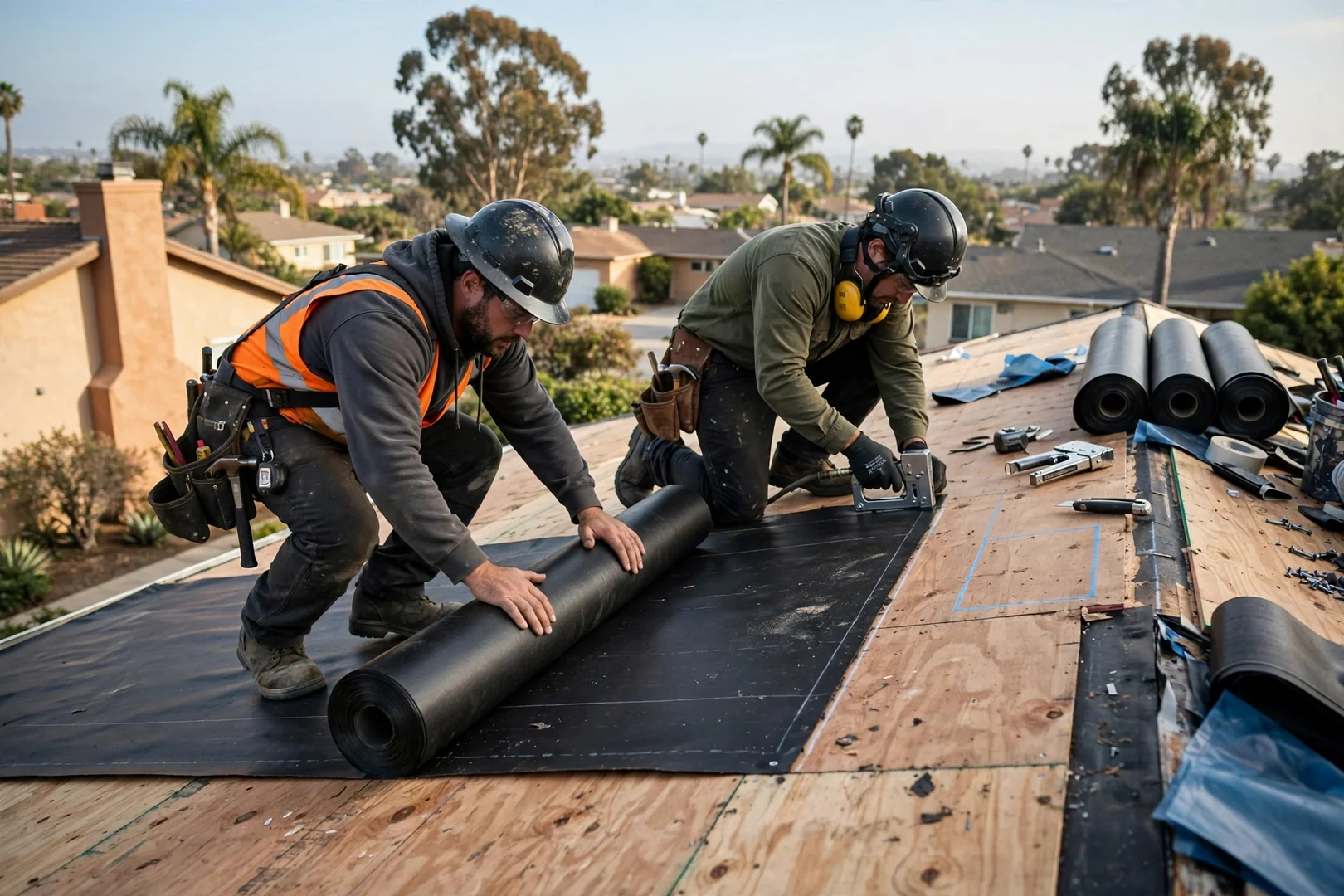 Roof crew rolling synthetic underlayment over freshly repaired sheathing before panel install