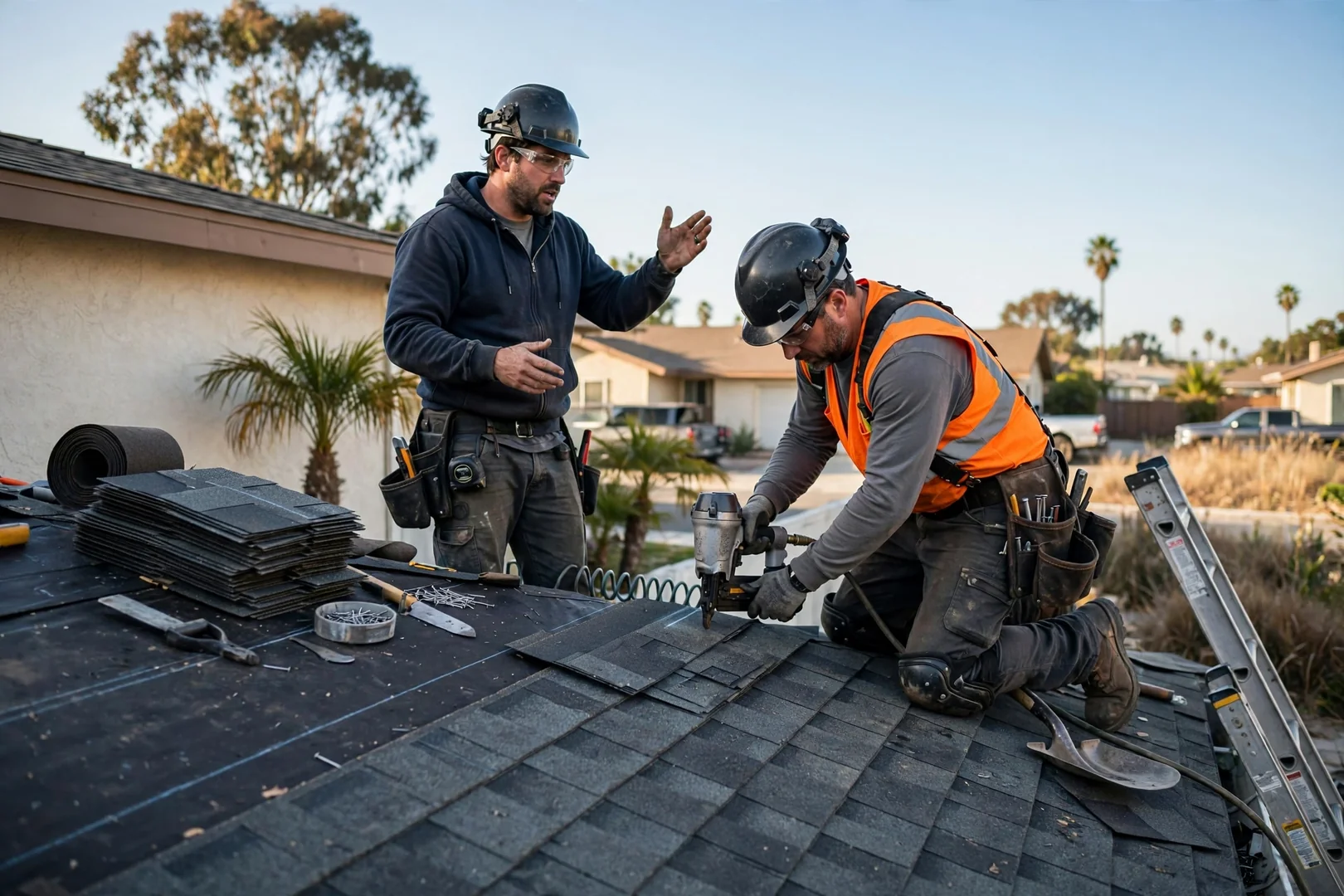 Roofer reviewing written inspection estimate on a clipboard beside a ladder at a Los Alamitos home