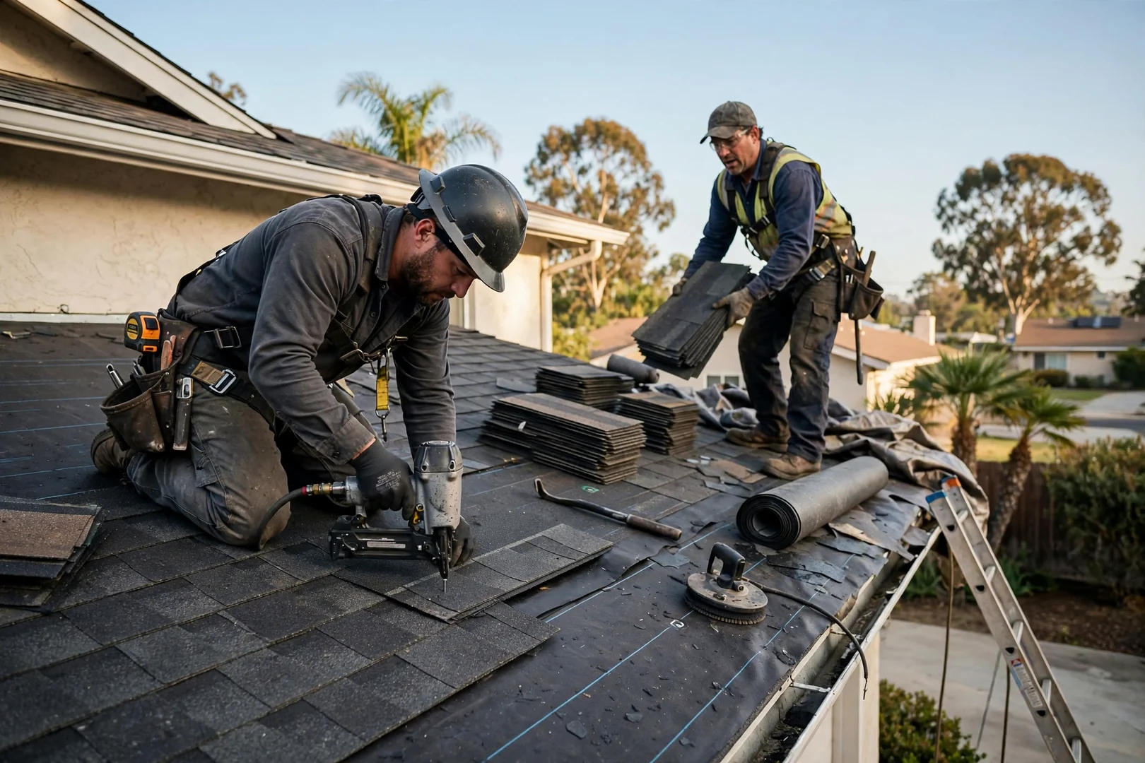 Roofer kneeling on a shingle roof checking flashing seams during a Los Alamitos inspection