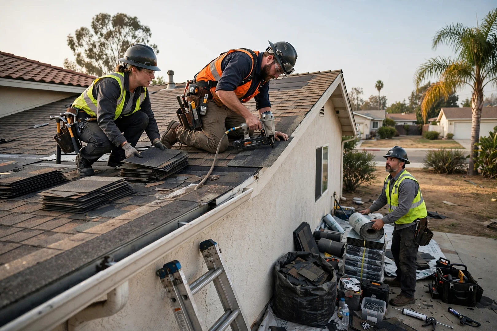 Roofer kneeling on a shingle roof checking flashing during an inspection in Los Alamitos