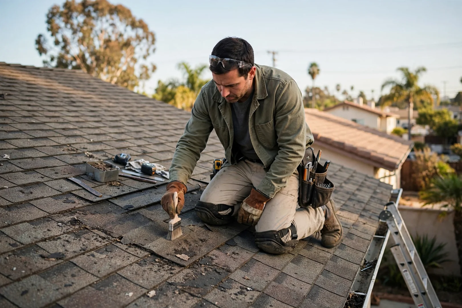Roofer kneeling on weathered composition shingles checking granule loss during a condition survey