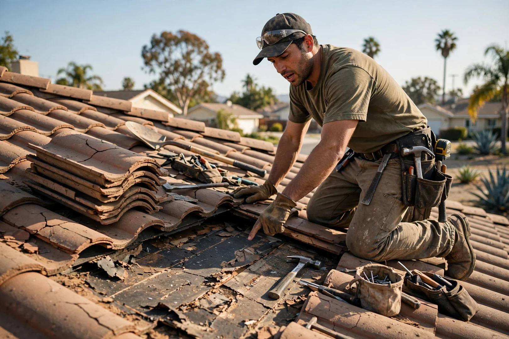 Cracked clay roof tiles lifted aside exposing aged underlayment on a sunny residential roof