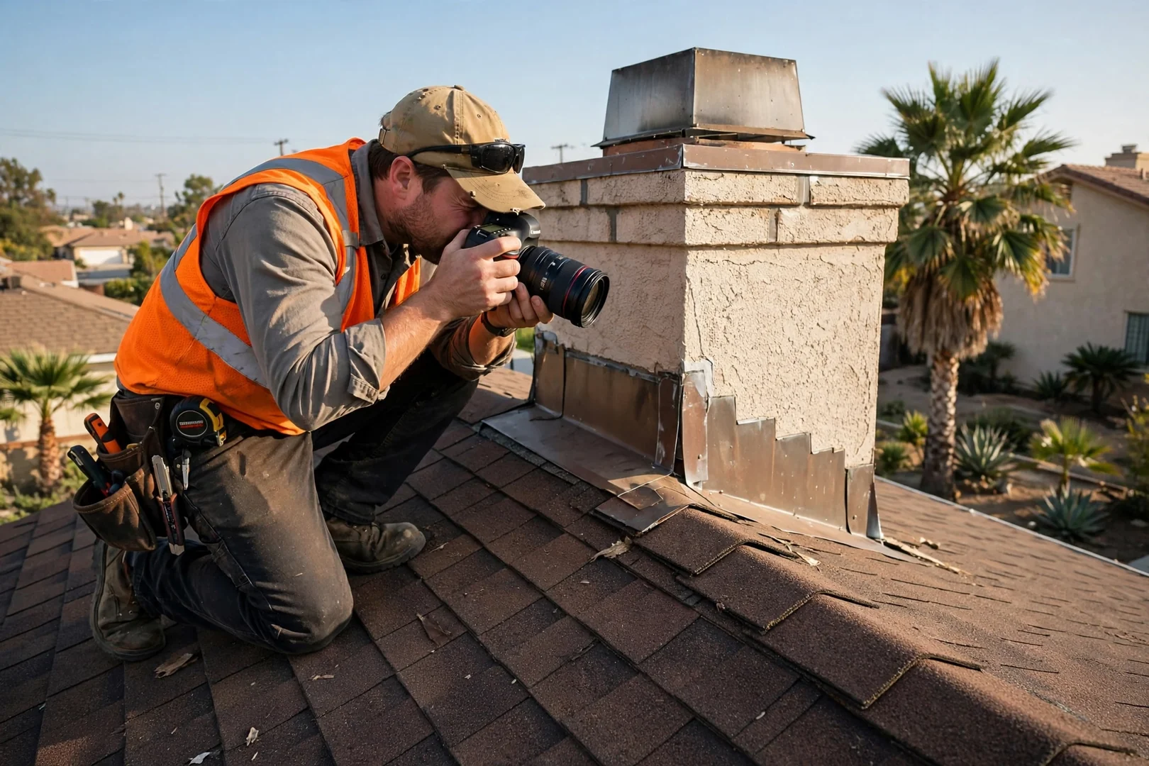 Inspector photographing chimney counterflashing detail for a pre-sale roof condition report