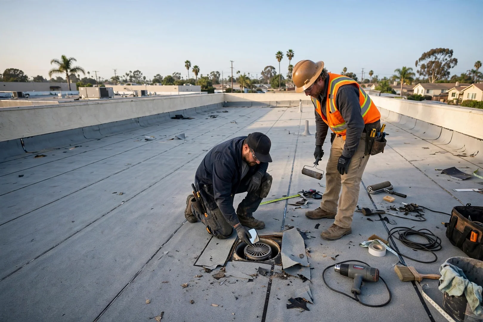 Wide view of a low-slope membrane roof section with seams and drain being examined
