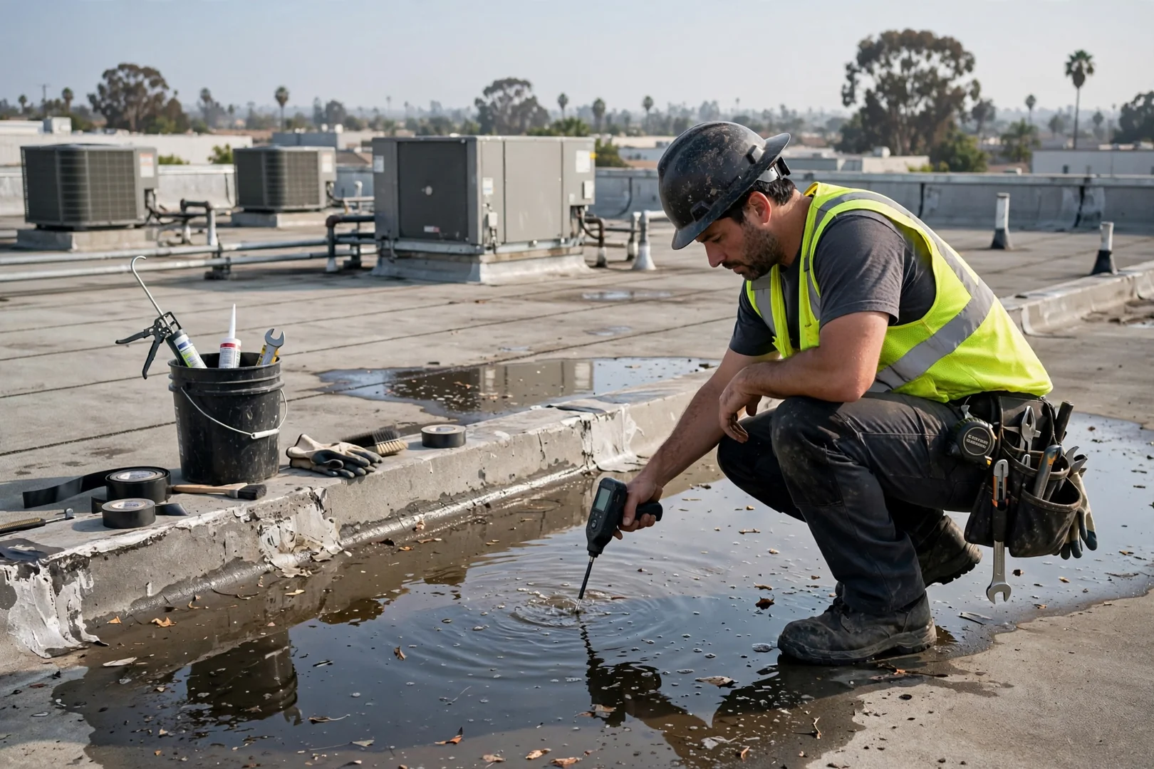 Flat commercial rooftop with HVAC curbs and pooled water being surveyed by a roofing technician