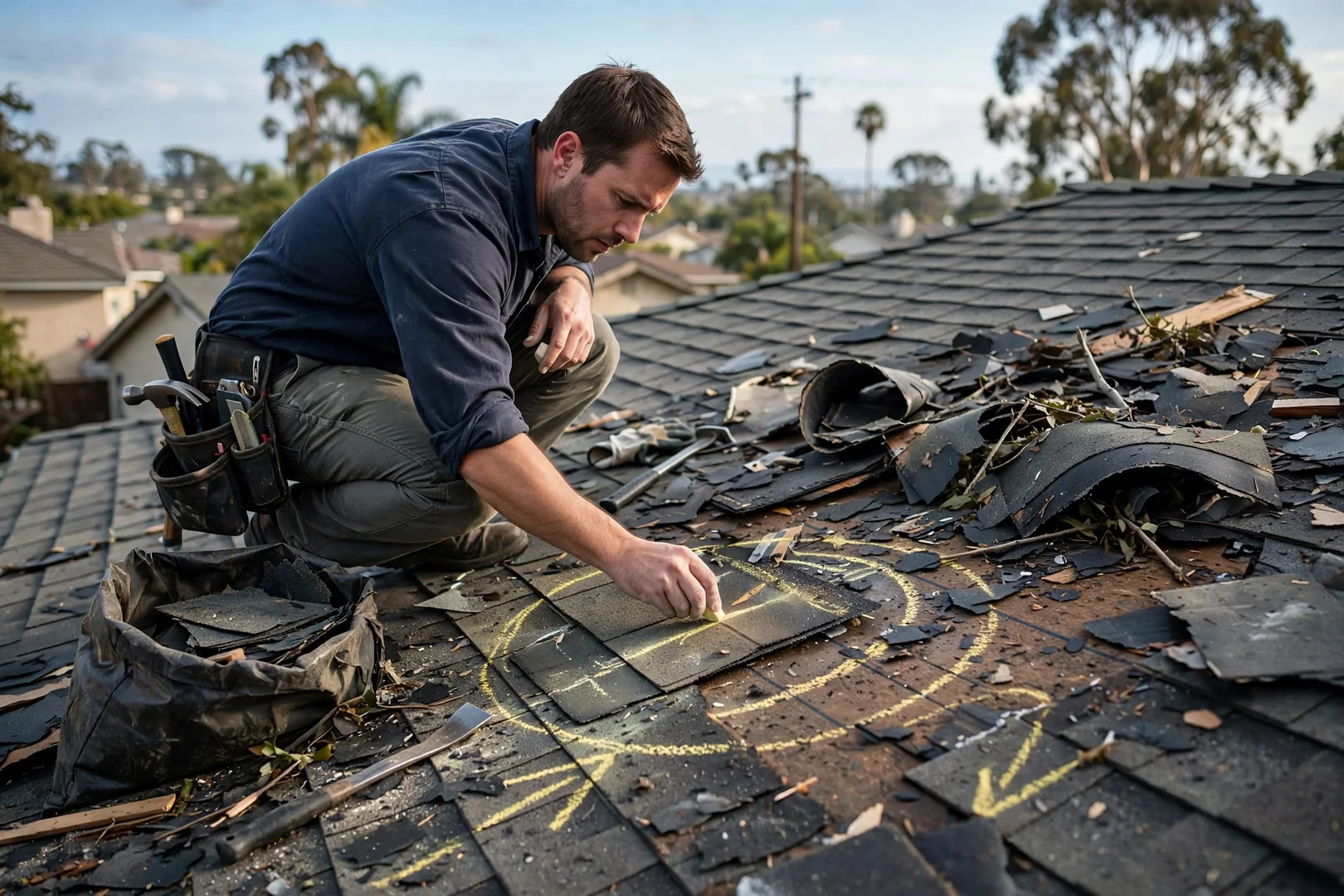Displaced shingles and debris marked with chalk during storm damage documentation on a rooftop