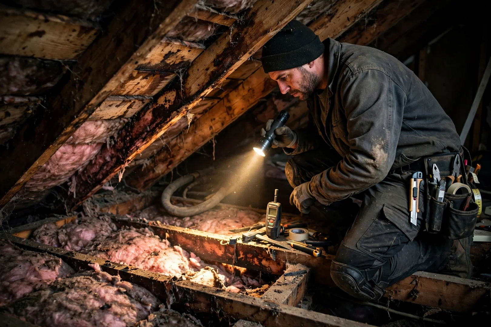 Flashlight beam on stained rafters and damp insulation inside a residential attic space