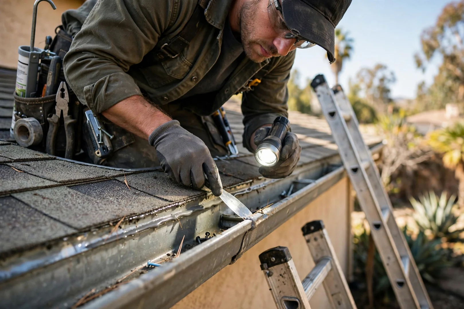 Close-up of gutter seam and drip edge flashing checked from an extension ladder