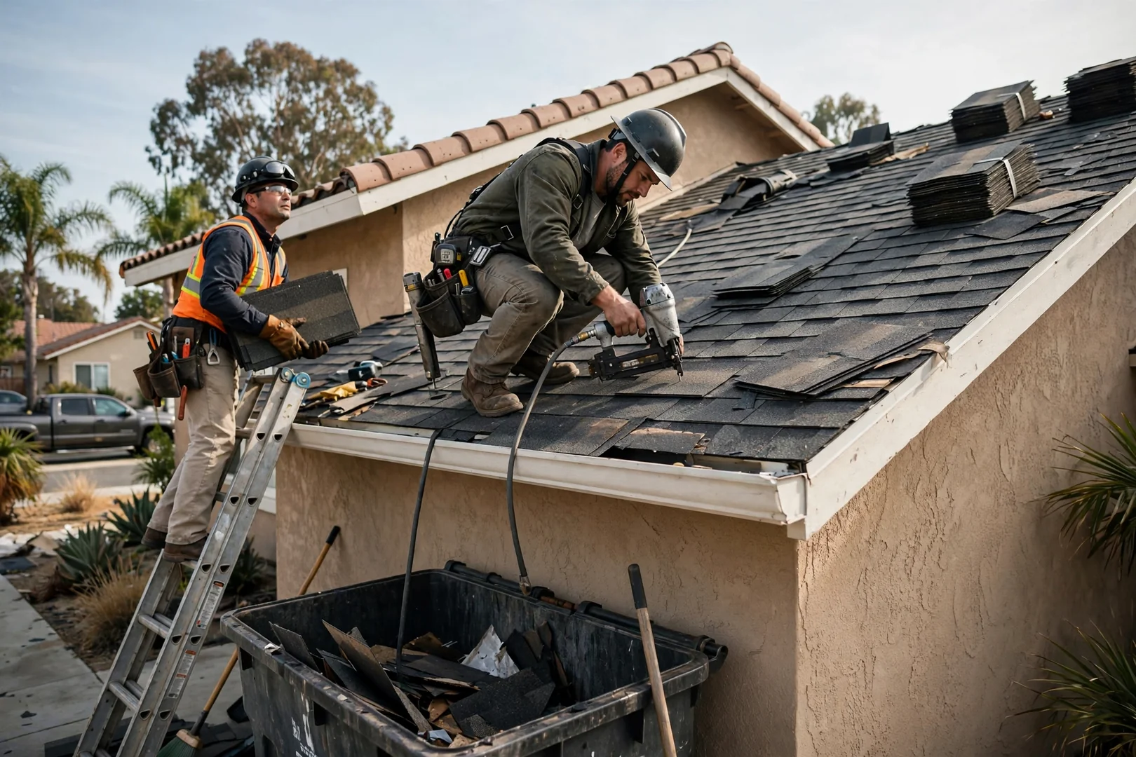 Roofer measuring a damaged shingle section while preparing a repair estimate on a Los Alamitos home