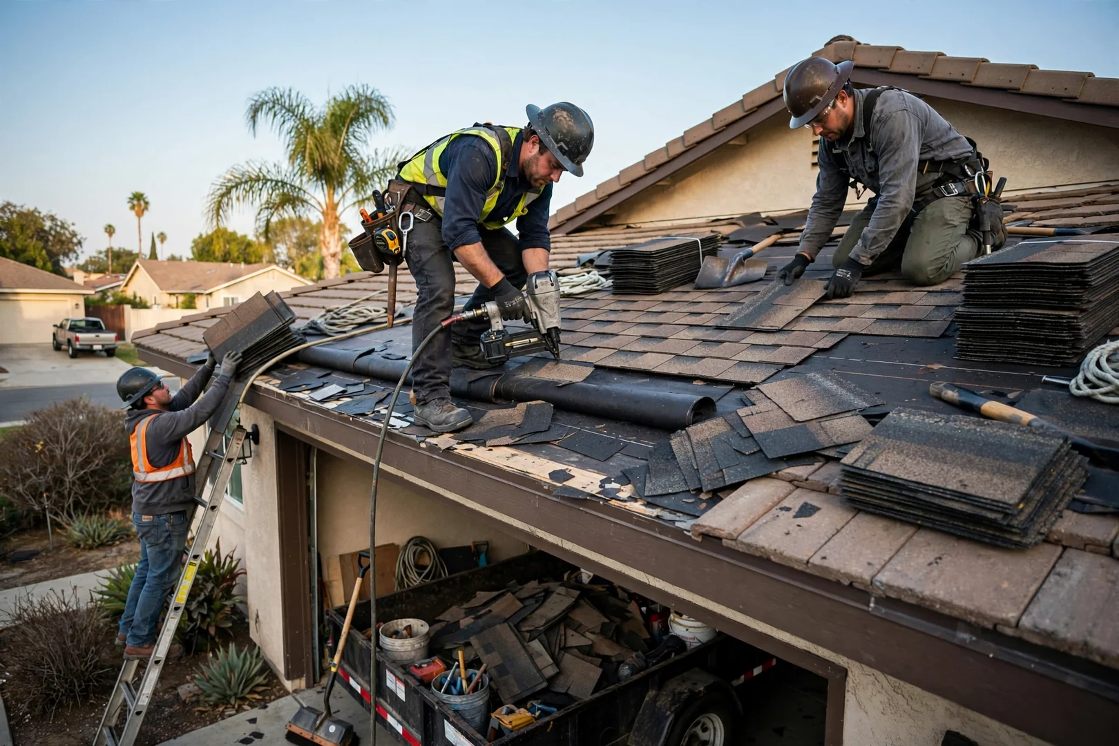 Roofer kneeling on a shingle roof sealing flashing during a repair job in Los Alamitos