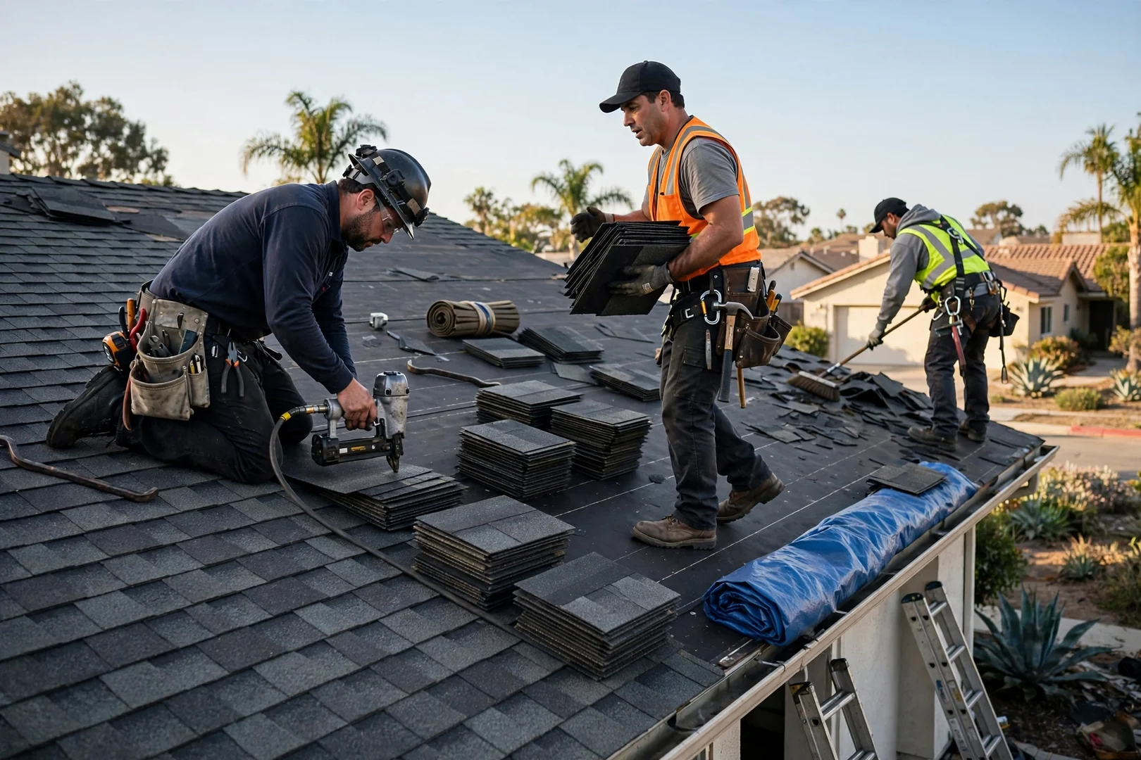 Roofer sealing flashing around a chimney during a roof repair in Los Alamitos