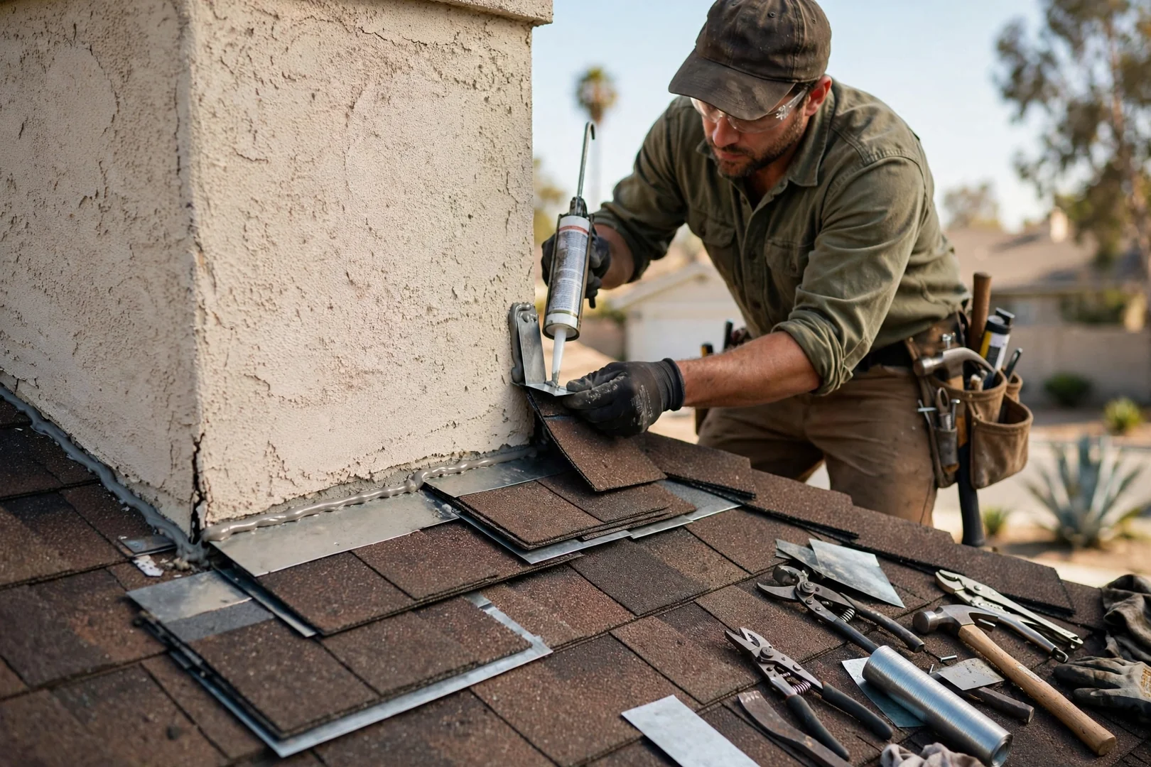Close-up of newly installed step flashing and counterflashing along a stucco chimney on a shingle roof