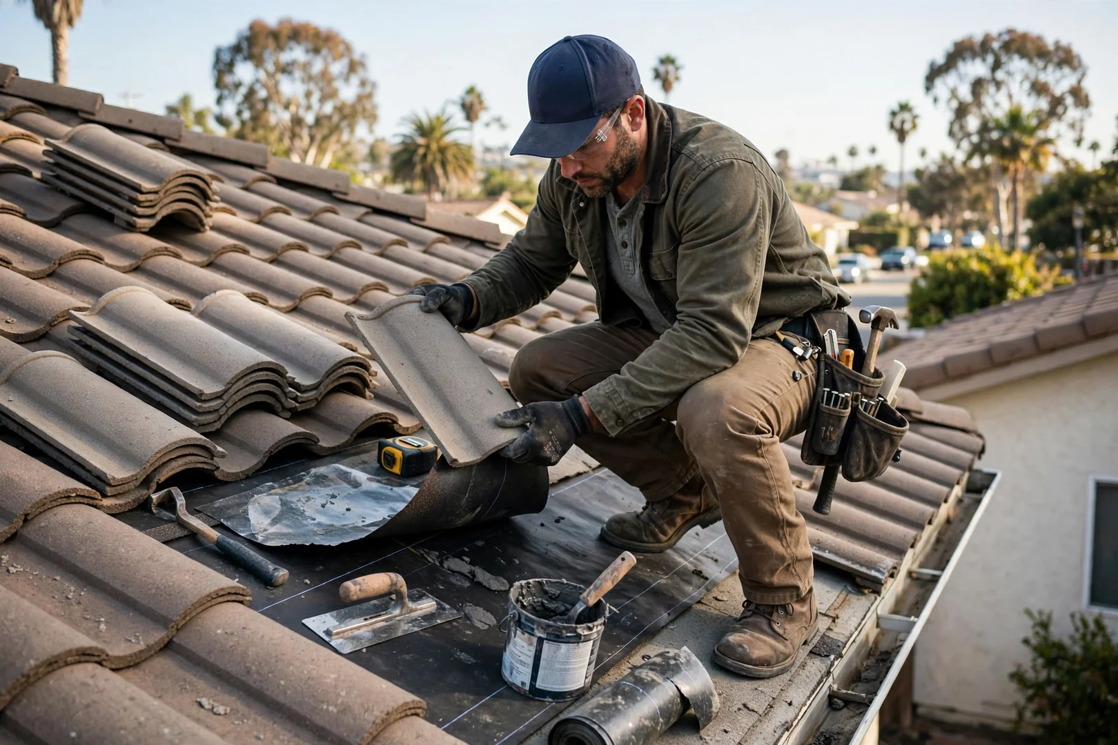 Roofer lifting concrete barrel tiles to expose and patch underlayment on a residential roof
