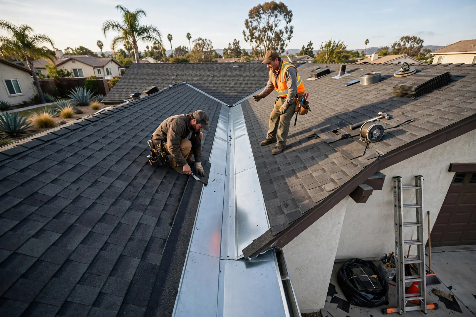 Wide shot of a freshly installed open valley metal with shingles trimmed back on both slopes