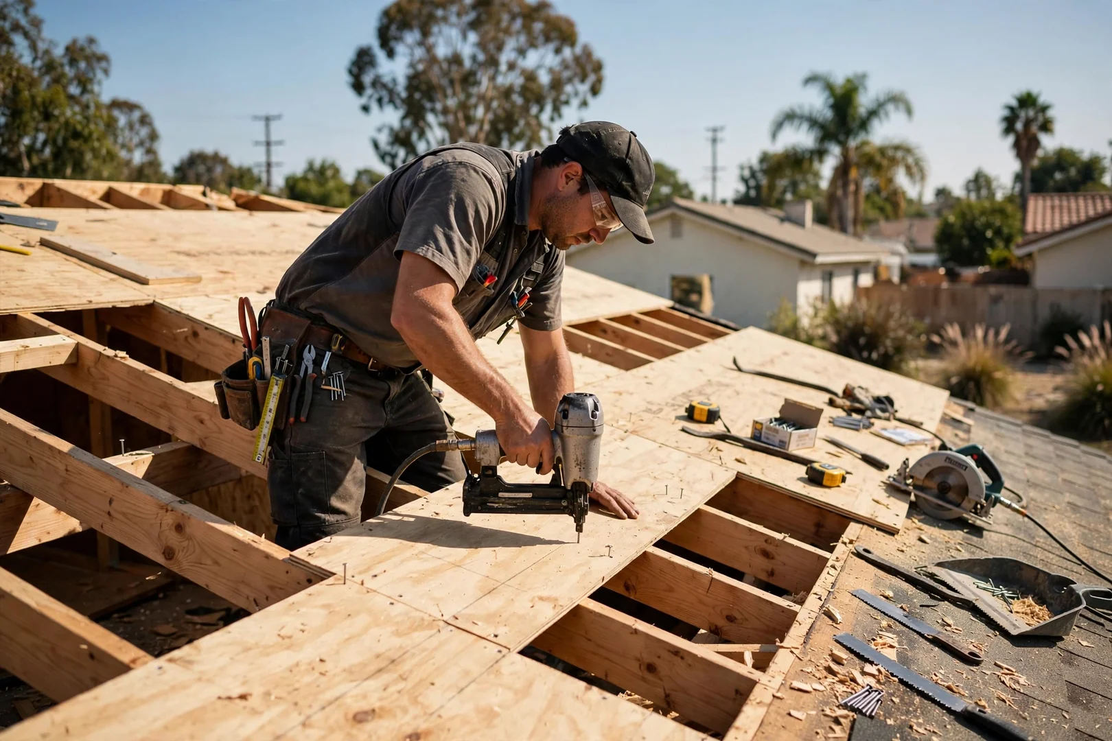 New plywood sheathing panel fastened over rafters during a roof deck repair on a sunny day