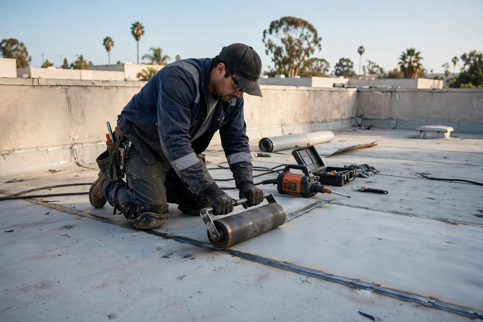 Heat welded membrane seam being rolled flat on a flat commercial roof with parapet walls behind