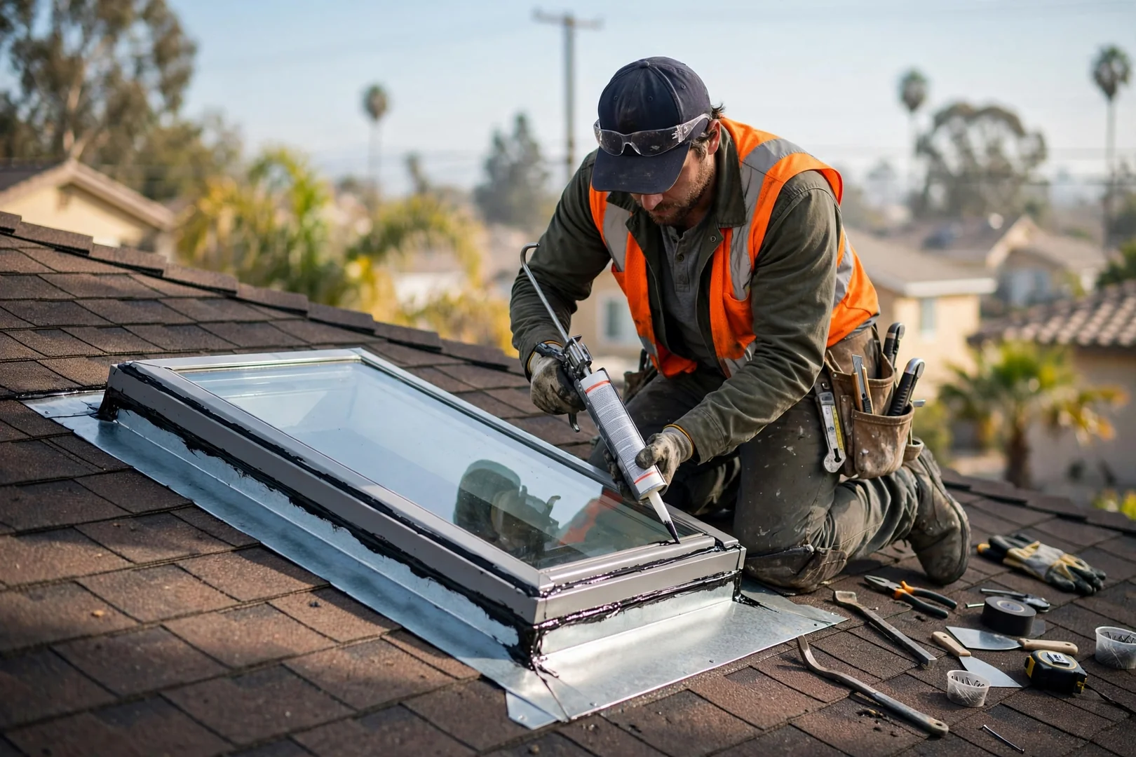 Finished skylight curb with new flashing and sealant lines on a sloped asphalt shingle roof
